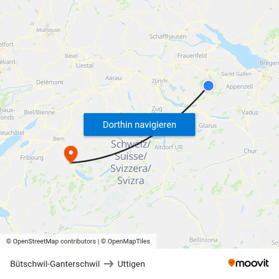 Bütschwil-Ganterschwil to Uttigen map
