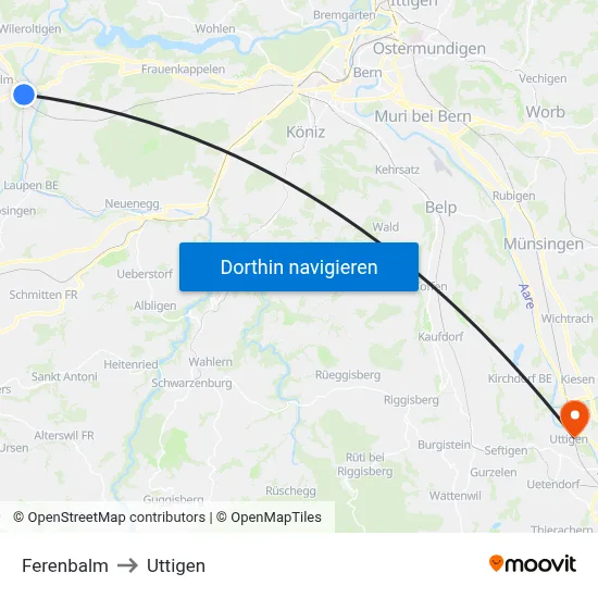 Ferenbalm to Uttigen map