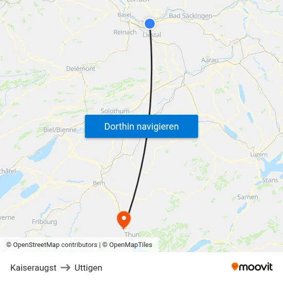 Kaiseraugst to Uttigen map