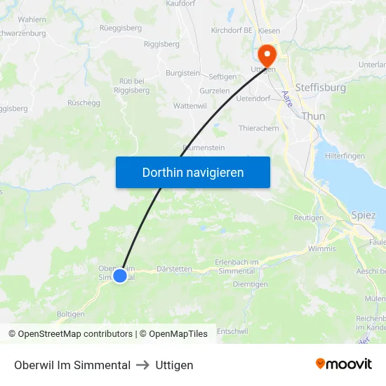 Oberwil Im Simmental to Uttigen map