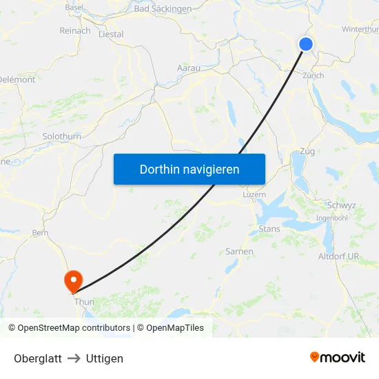 Oberglatt to Uttigen map