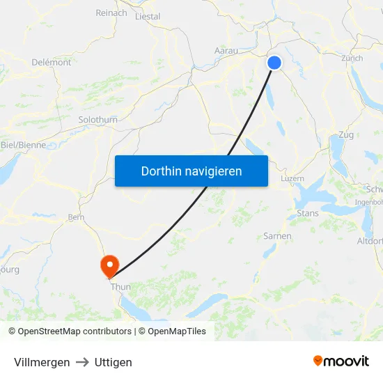 Villmergen to Uttigen map