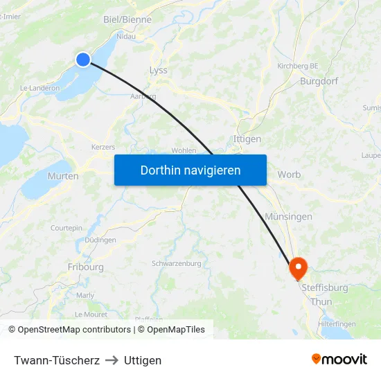 Twann-Tüscherz to Uttigen map