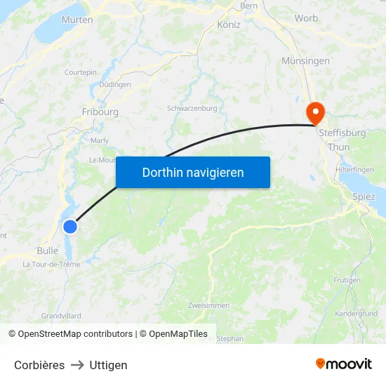 Corbières to Uttigen map