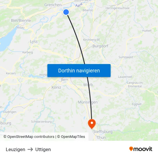Leuzigen to Uttigen map