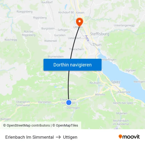 Erlenbach Im Simmental to Uttigen map