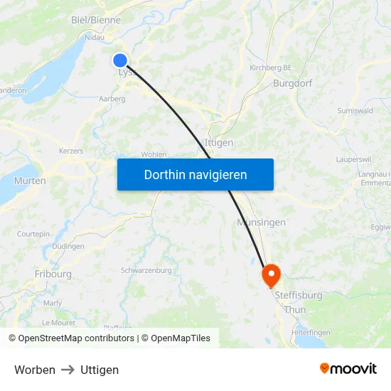 Worben to Uttigen map