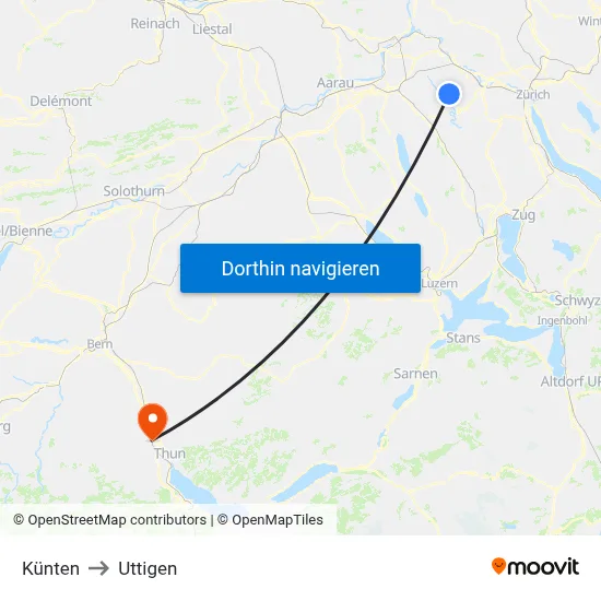 Künten to Uttigen map