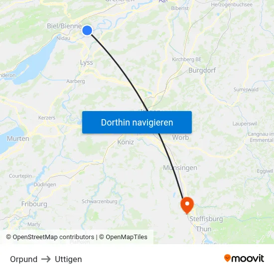 Orpund to Uttigen map