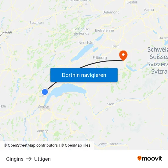 Gingins to Uttigen map