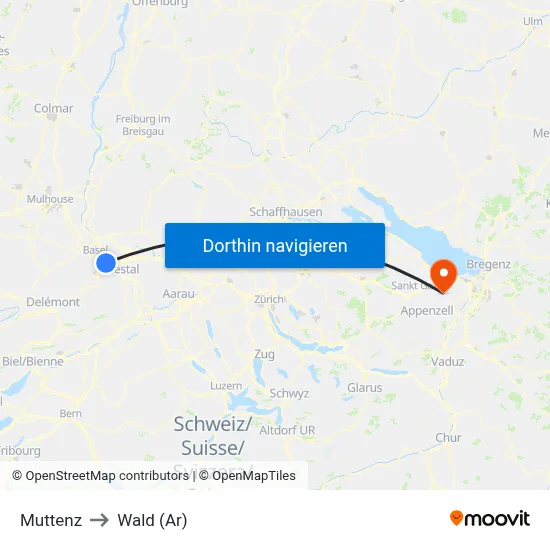 Muttenz to Wald (Ar) map
