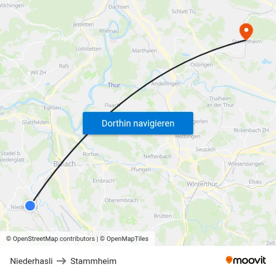 Niederhasli to Stammheim map