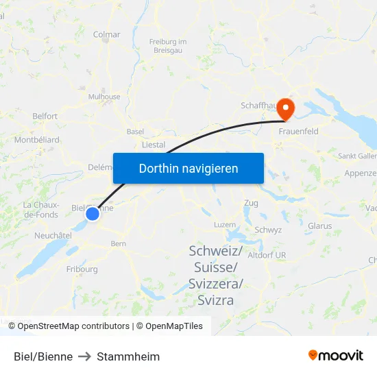 Biel/Bienne to Stammheim map