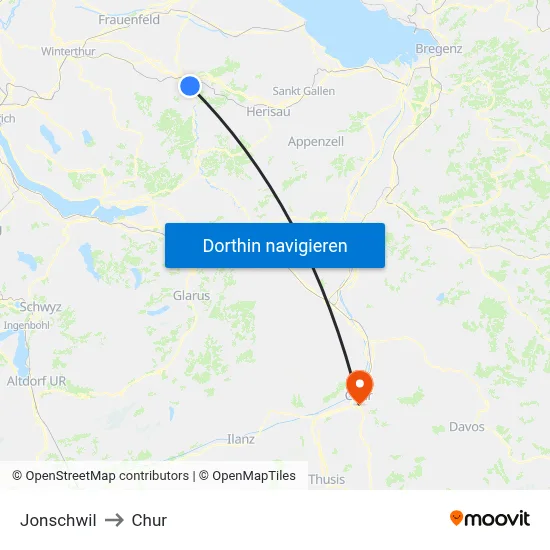 Jonschwil to Chur map