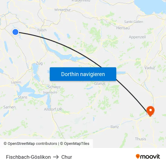 Fischbach-Göslikon to Chur map