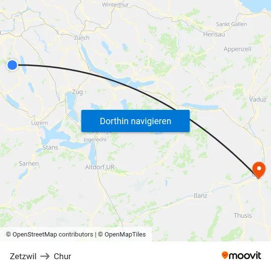 Zetzwil to Chur map