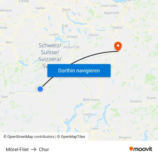 Mörel-Filet to Chur map