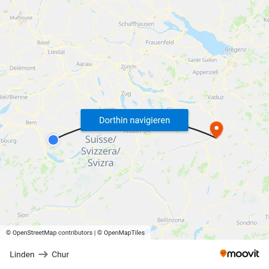 Linden to Chur map