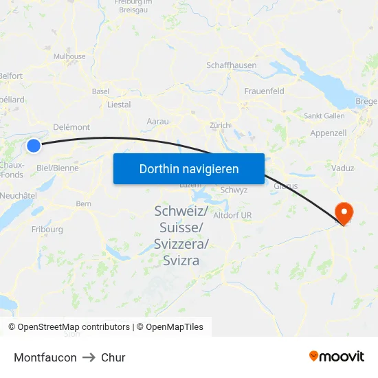 Montfaucon to Chur map