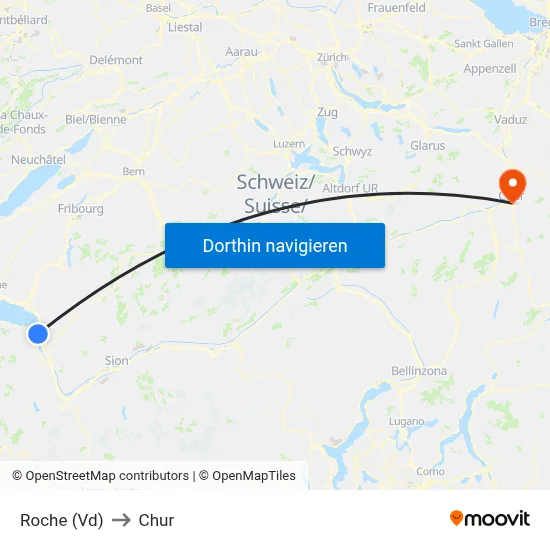 Roche (Vd) to Chur map