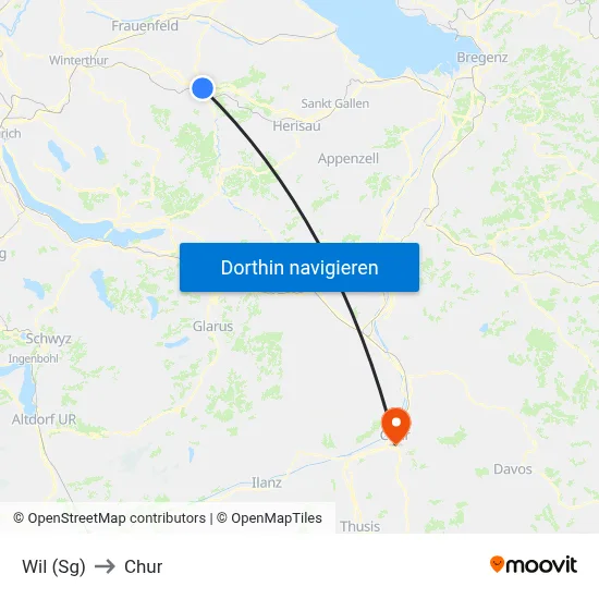 Wil (Sg) to Chur map