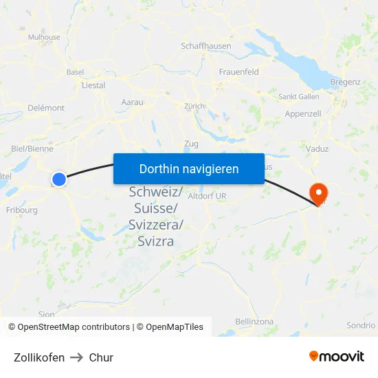 Zollikofen to Chur map