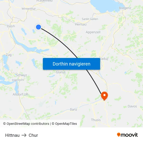 Hittnau to Chur map