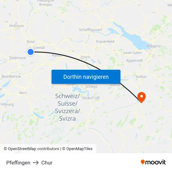 Pfeffingen to Chur map
