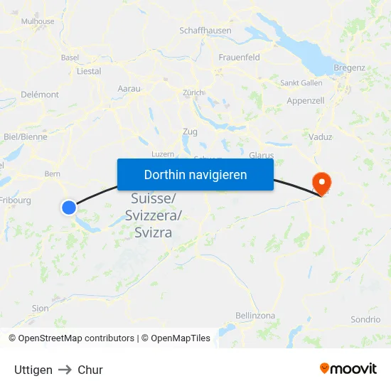 Uttigen to Chur map