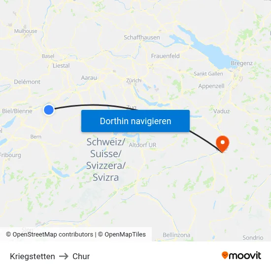 Kriegstetten to Chur map
