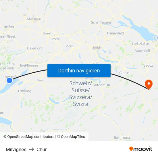 Milvignes to Chur map