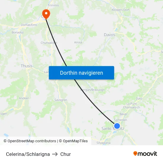 Celerina/Schlarigna to Chur map