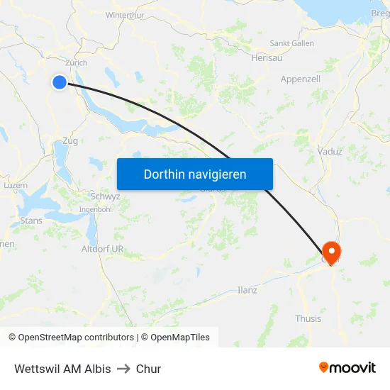 Wettswil AM Albis to Chur map