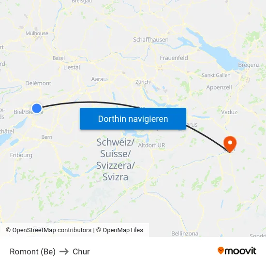Romont (Be) to Chur map
