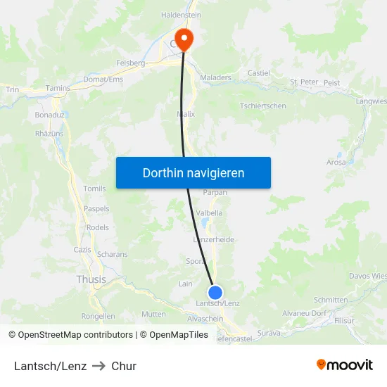 Lantsch/Lenz to Chur map