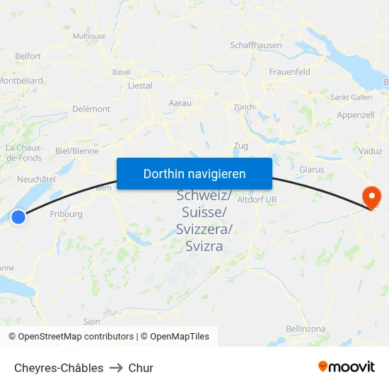 Cheyres-Châbles to Chur map