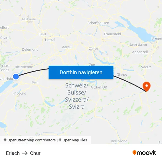 Erlach to Chur map