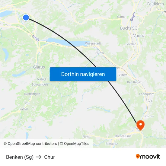 Benken (Sg) to Chur map