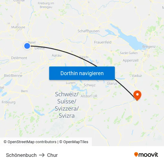 Schönenbuch to Chur map