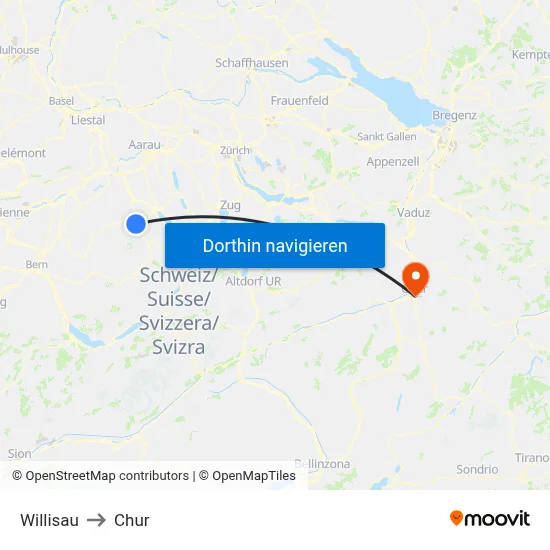 Willisau to Chur map