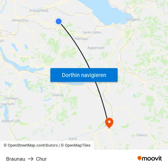 Braunau to Chur map