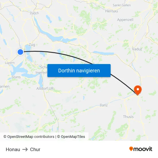 Honau to Chur map