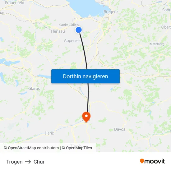 Trogen to Chur map