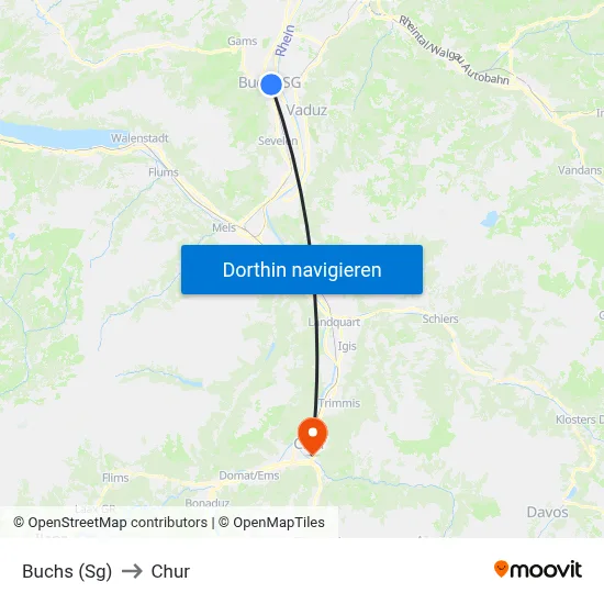 Buchs (Sg) to Chur map