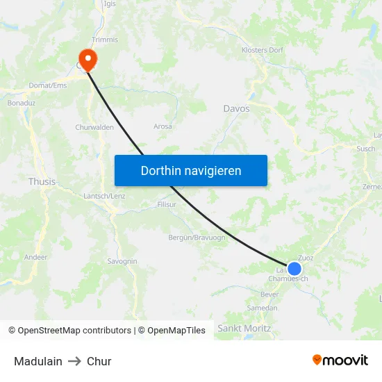Madulain to Chur map