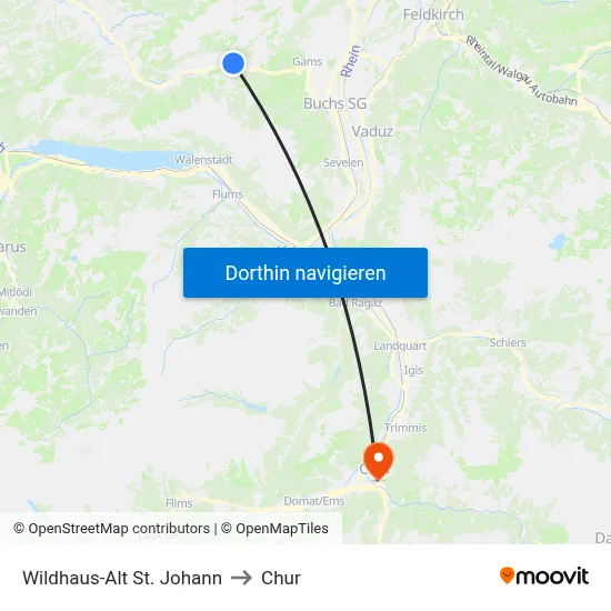 Wildhaus-Alt St. Johann to Chur map