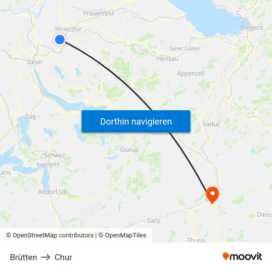 Brütten to Chur map