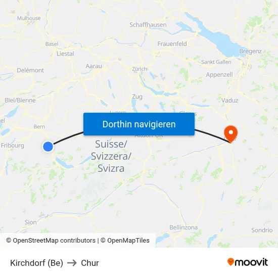 Kirchdorf (Be) to Chur map
