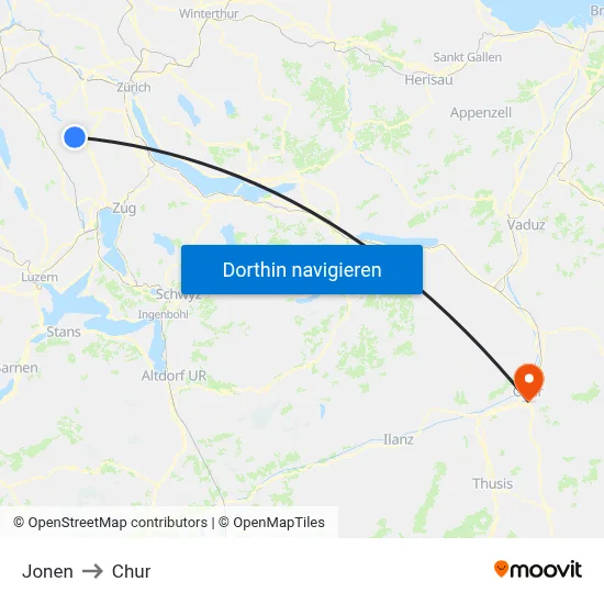 Jonen to Chur map