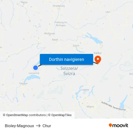 Bioley-Magnoux to Chur map